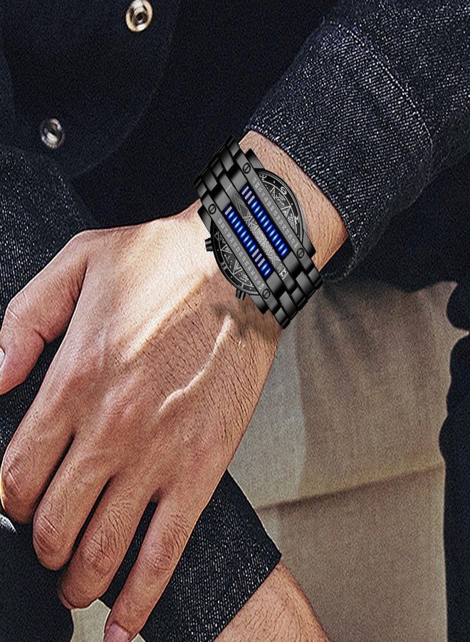FANMIS Creative Mens Binary Matrix Blue LED Digital Watch Fashion Classic Black Plated Waterproof LED Backlight Bracelet Watches (X Black Blue) - Image 2